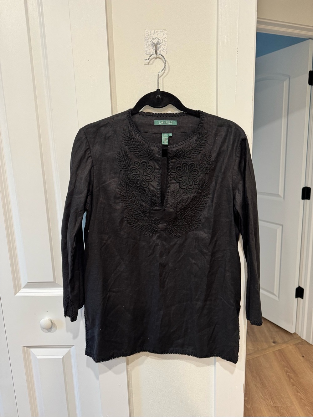 Ralph Lauren Linen Black Embroidered Long-Sleeve Tunic